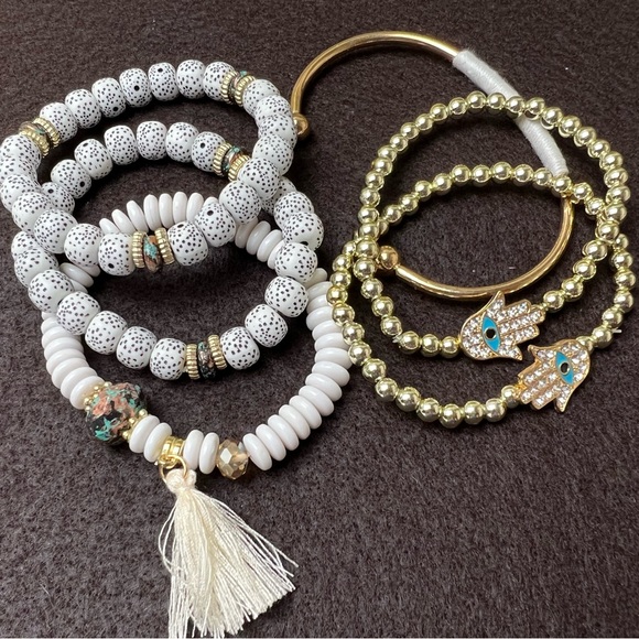 Stylish Gold Boho Chic Stacked Bracelets -  Trendy Stackable Evil Eye Bracelets - Picture 8 of 13